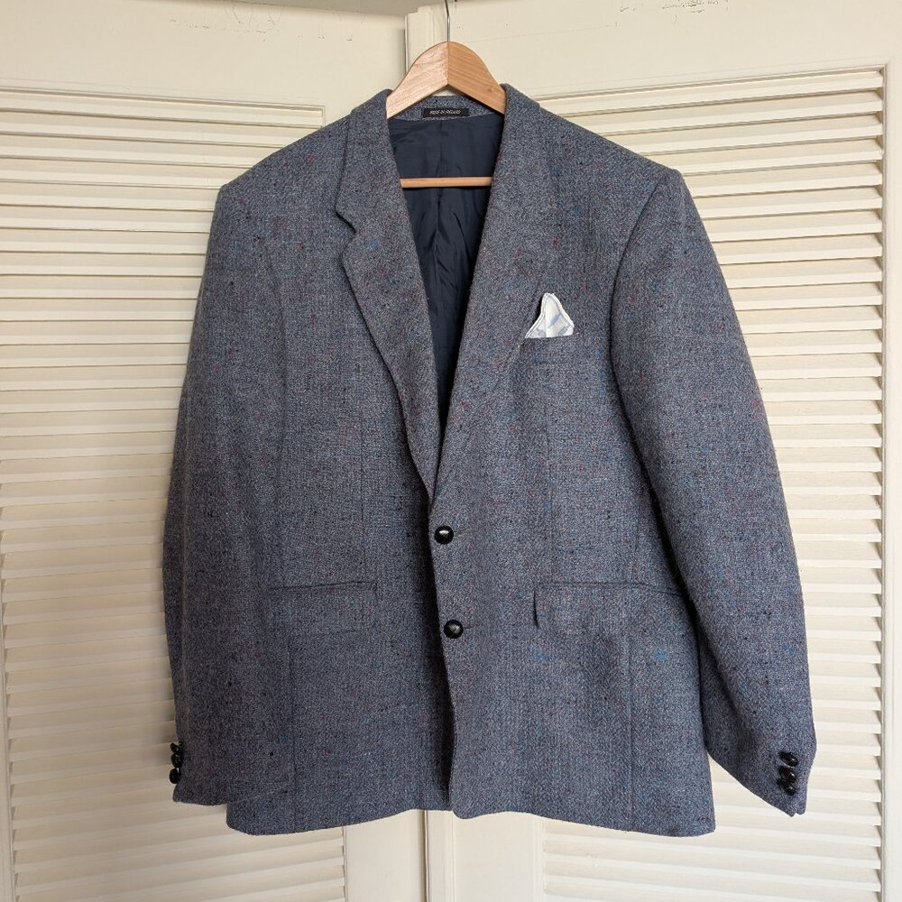 Vintage 48T DONEGAL Tweed Wool Blue Blazer Sport Coat Jacket Bespoke Ireland